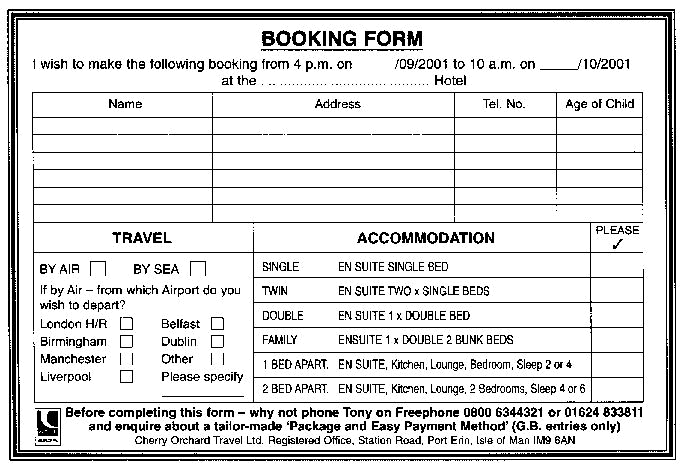 Cherry Orchard Hotel Booking Form